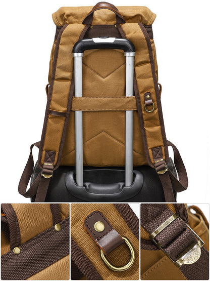 Waxed Canvas Backpack Retro Full Grain Leather And Canvas Travel Backpack Waterproof Outdoor Climbing Backpack