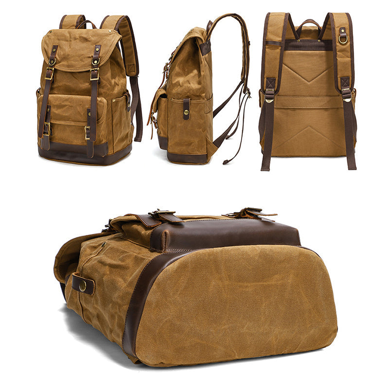 Waxed Canvas Backpack Retro Full Grain Leather And Canvas Travel Backpack Waterproof Outdoor Climbing Backpack